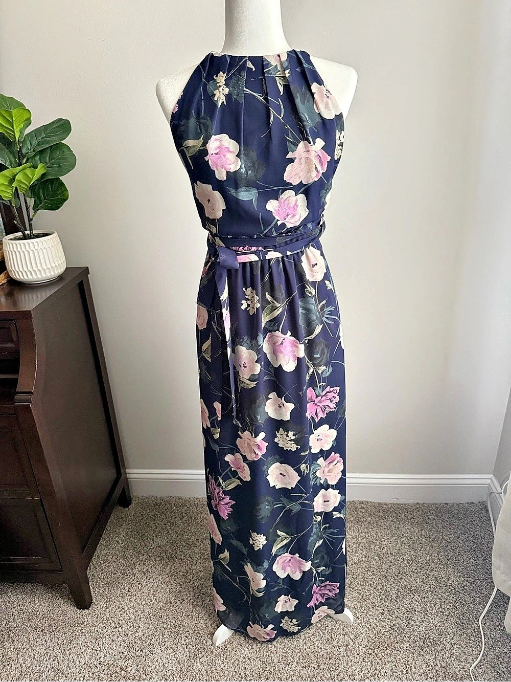 SLNY Floral Chiffon Maxi Halter Dress, Blue & Pink, Size 16